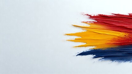 Poster - Vibrant brush strokes in red, yellow and navy blue colors on white background create dynamic motion effect, suitable for modern abstract wall art and creative design projects.