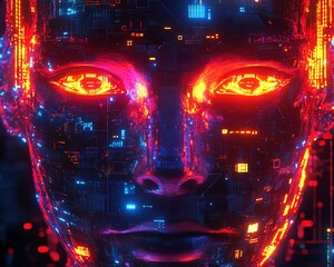 Leinwandbilder - An abstract pixelated robot face with digital holographic effects, glowing circuits, hightech futuristic portrait design, vibrant colors, ultradetailed, 8K UHD