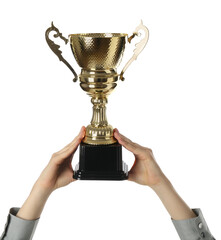 Wall Mural - woman with golden trophy cup on white background, closeup