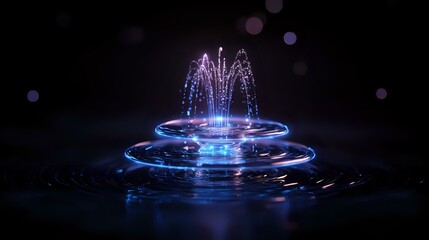 Poster - Glowing fountain with luminous blue rings and water streams creating magical effect on dark background with bokeh lights and rippling surface.