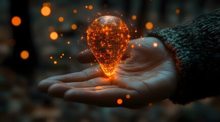 Poster - Glowing orange light bulb shape floating above open palm with magical sparkles and bokeh effects against dark background, creating mystical atmosphere.