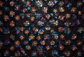 Wall Mural - Multicolored mosaic tiles forming a vibrant and intricate design on a black background,  black,  vibrant,  tiles