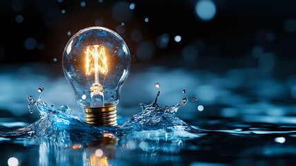 Poster - Glowing vintage light bulb with illuminated filament splashing in water against dark background with bokeh lights creating magical atmosphere.