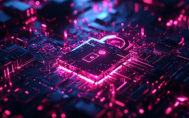 Poster - A digital abstract lock icon surrounded by protective technology circuits, neon light effects, hightech encryption, cyber security theme, vibrant and ultrarealistic, 8K UHD