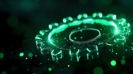 Poster - Glowing green mechanical gear with luminescent particles and bokeh effects in dark background creates futuristic technological atmosphere.