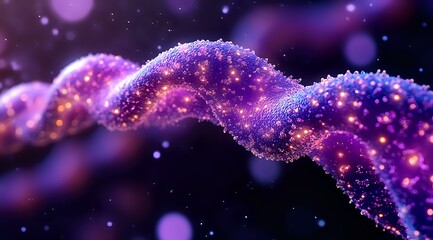 Poster - glowing spiral dna strand with purple and blue particles on dark background, genetic science concept