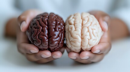 Poster - Contrasting dark and light anatomical brain models held in caring hands, representing mental health, neuroscience, and cognitive psychology concepts.