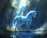 A glowing blue unicorn standing in a mystical mountain forest