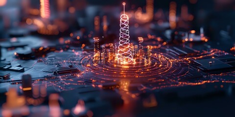 Poster - Glowing spiral structure rises from circuit board with concentric light rings, creating futuristic technological composition in orange and blue tones. Macro photography.