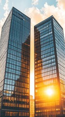 Poster - Two modern glass skyscrapers reflecting a vibrant sunset. Warm golden light illuminates the buildings against a partly cloudy sky.