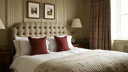 Poster - Soft oat curtains gracefully frame the windows of a cozy alpine bedroom, where a plush bed with red accent pillows beckons for comfort and tranquility in a peaceful environment