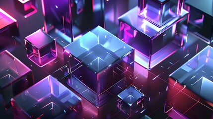 Poster - Futuristic geometric cubes with glowing neon lights in purple and blue colors create abstract technological landscape with luminous grid patterns and reflective surfaces.