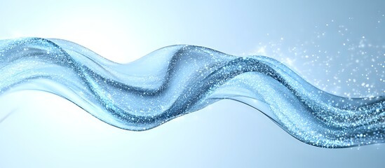 Poster - Flowing water wave with sparkling particles creating dynamic curved shape against light blue background. Fresh aqua motion effect for wellness design.