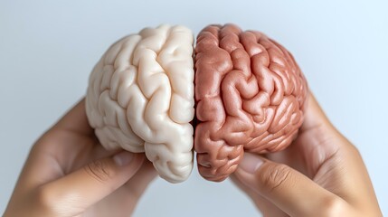 Poster - Human hands holding anatomical brain model split in two halves, white and coral pink colored, showing detailed cerebral cortex structure against light background.