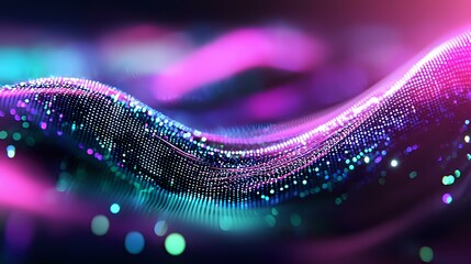 Poster - Glowing particles form dynamic wave pattern in purple and turquoise colors against dark background, creating magical flowing motion effect with bokeh lights.