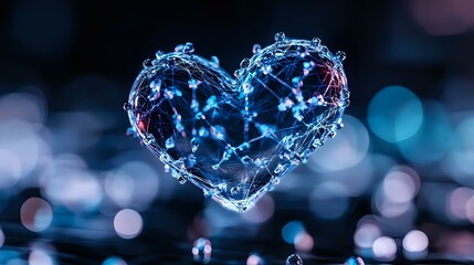 Poster - Glowing heart shape formed by water splashes and droplets against dark background with blue bokeh lights creates romantic atmosphere and magical effect.