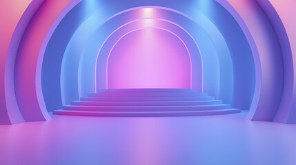 Poster - pastel colored abstract stage with curved arches and soft lighting creates serene and futuristic atmosphere. gradient hues of pink, blue, and purple enhance modern design