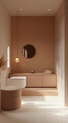 Poster - Serenity envelops this bathroom adorned with stylish white tiles and warm brown hues. Natural light pours in, highlighting minimalist decor and soothing textures, creating a tranquil oasis
