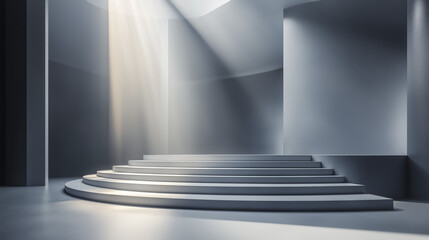 Poster - modern, abstract silver fashion stage with empty background is illuminated by soft light beams, creating serene atmosphere. curved steps add elegance to minimalist design