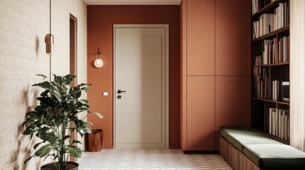 Poster - Bright and stylish entrance hall features terracotta walls and a cozy seating area, seamlessly blending modern aesthetics with relaxation, perfect for welcoming guests