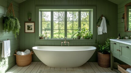 Poster - In a tranquil bathroom adorned with dill green walls, a luxurious freestanding tub sits invitingly. Lush plants and natural light create a peaceful atmosphere for relaxation