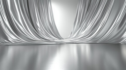Poster - luxurious silver fabric drapes elegantly across smooth reflective floor, creating sophisticated and serene atmosphere. soft folds and shimmering texture add depth and elegance to scene