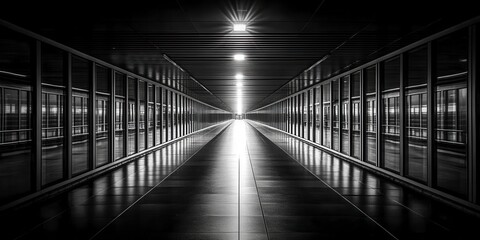 Poster - Long corridor with glass walls, light at the end, black and white photography, reflective surfaces, architectural perspective, modern building interior.