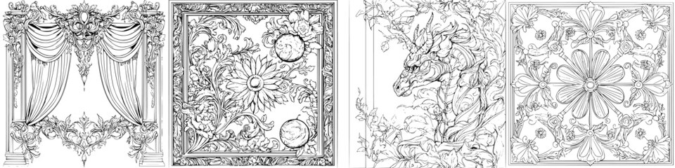 Poster - Intricate black and white floral designs featuring ornate frames and decorative elements in a vintage style