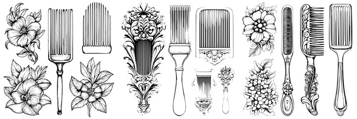 Poster - Intricate black and white designs featuring various combs and floral motifs for creative inspiration