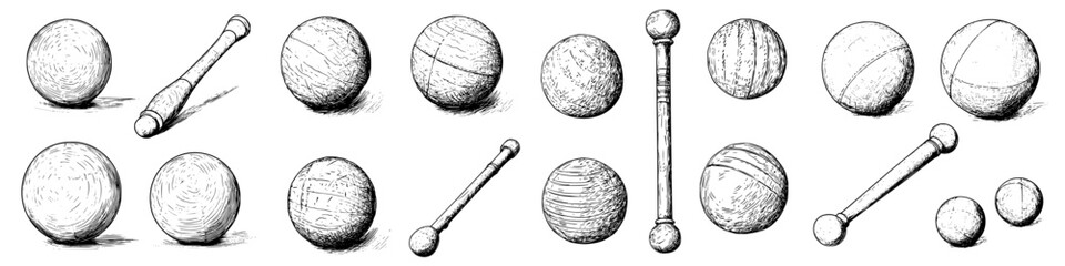 Poster - collection of various textured spheres and sticks arranged in a creative layout on a plain backgroun