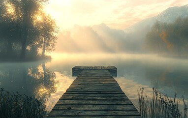 Poster - Dock on a quiet lake enveloped in early morning mist, soft golden light filtering through fog, peaceful environment, serene nature scene, photorealistic details, Midjourney v6