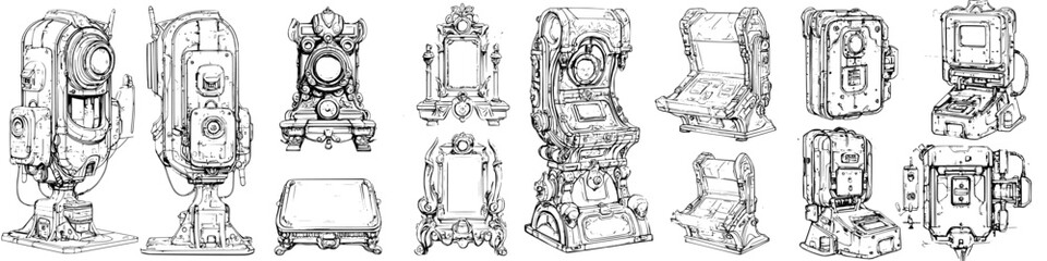 Poster - Detailed sketches of retro-futuristic devices showcasing unique designs and intricate details