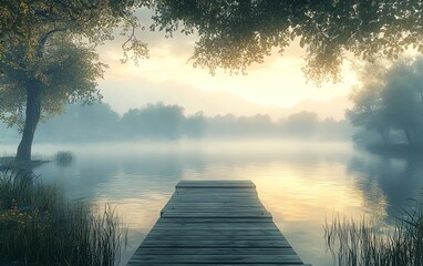 Poster - Dock on a quiet lake enveloped in early morning mist, soft golden light filtering through fog, peaceful environment, serene nature scene, photorealistic details, Midjourney v6