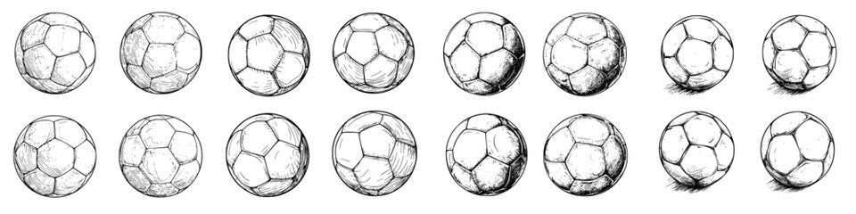 Poster - Various sketches of soccer balls positioned in a sequence showcasing different perspectives and textures on a white background