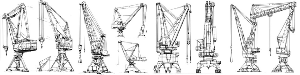 Poster - Various types of industrial cranes illustrated in detailed sketches with distinct designs and functions