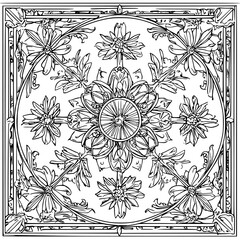 Poster - Floral design featuring intricate patterns with central motif accentuated by detailed flowers and leaves in a symmetrical arrangement