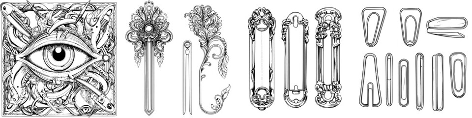 Poster - Intricate designs featuring an eye motif surrounded by decorative elements and an array of fasteners in a vintage style