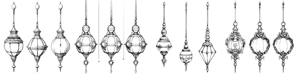 Poster - Collection of intricate ornamental designs hanging from strings showcasing craftsmanship and artistry in decorative elements