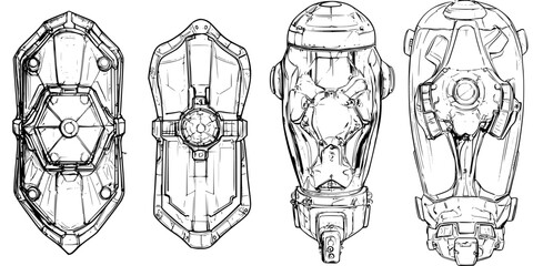 Poster - Detailed sketches of futuristic armor and helmets showcasing advanced design concepts and features for protection