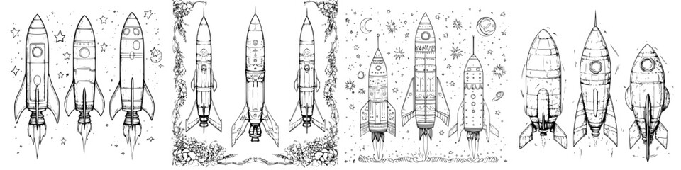 Wall Mural - Colorful rockets take flight against a backdrop of stars and planets in a whimsical cosmic adventure