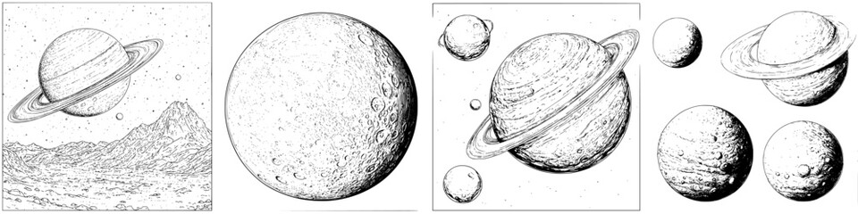 Wall Mural - Illustrations of celestial bodies showcasing planets and moons in various artistic styles