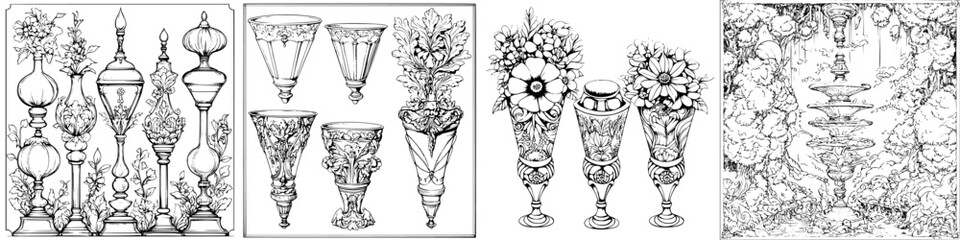 Poster - Elegant collection of decorative vases and floral arrangements showcased in a detailed artistic design