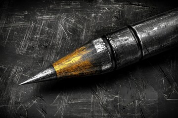 Poster - close up of a metallic pen with a gold tip, resting on a dark textured surface. the pen shows signs 