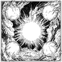 Poster - celestial orbs surround a radiant sun amidst swirling clouds and dynamic energy in a cosmic illustra