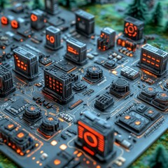 Poster - futuristic cityscape miniature on a circuit board, glowing orange accents, dark gray buildings, gree