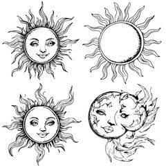 Wall Mural - unique hand-drawn sun and moon illustrations depicting various expressions and designs in a creative