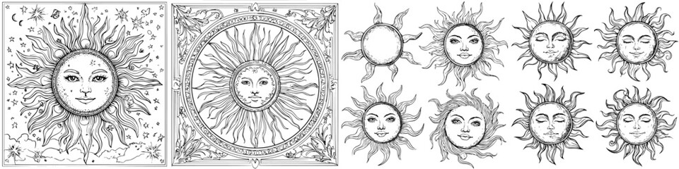 Poster - Unique sun illustrations featuring a variety of designs and expressions in a hand-drawn style