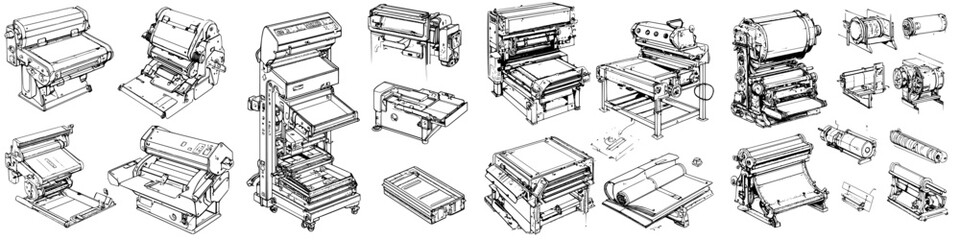 Poster - Collection of detailed sketches showcasing various printing machine designs from different angles and perspectives
