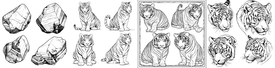 Poster - Artistic depiction of tigers and gemstones in detailed line drawing style showcasing their intricate forms and textures