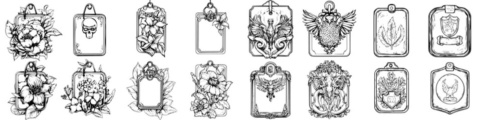 Poster - Decorative black and white illustrations featuring various ornate frames and motifs designed for artistic projects